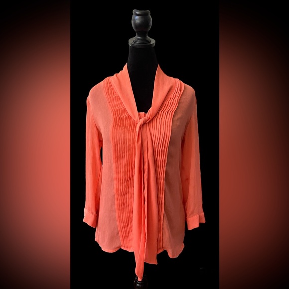 Banana Republic: Orange Peach Pleated Blouse with Neck Tie - Picture 8 of 17